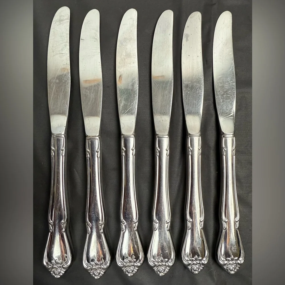 Vtg ONEIDA Arbor Rose True Rose Stainless‎ Floral Handle Knives Hollow Set of 6
